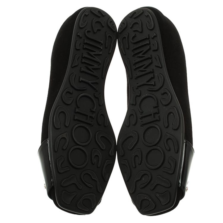 Pre Owned Jimmy Choo Black Suede and Patent Leather Jeweled Ballet Flats Size 37.5