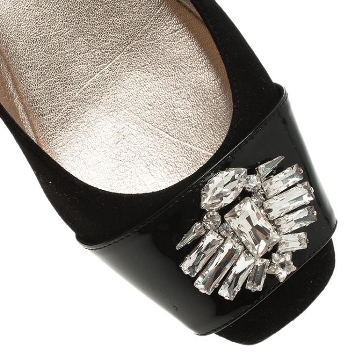 Pre Owned Jimmy Choo Black Suede and Patent Leather Jeweled Ballet Flats Size 37.5
