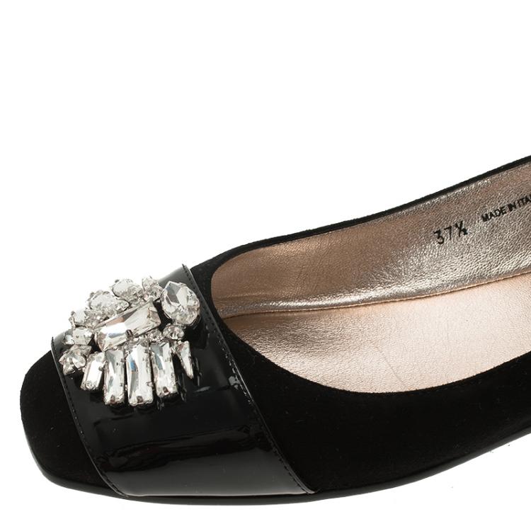 Pre Owned Jimmy Choo Black Suede and Patent Leather Jeweled Ballet Flats Size 37.5