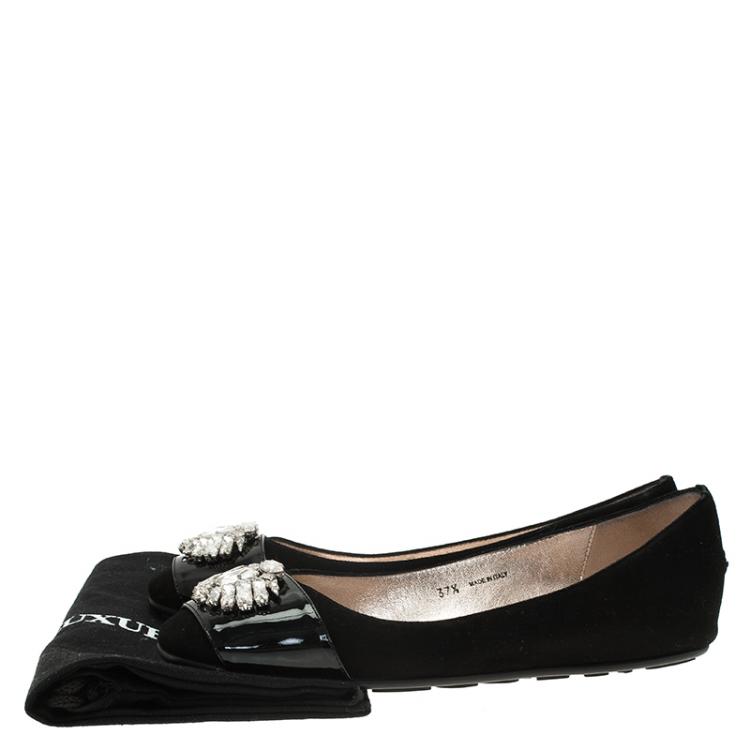 Pre Owned Jimmy Choo Black Suede and Patent Leather Jeweled Ballet Flats Size 37.5