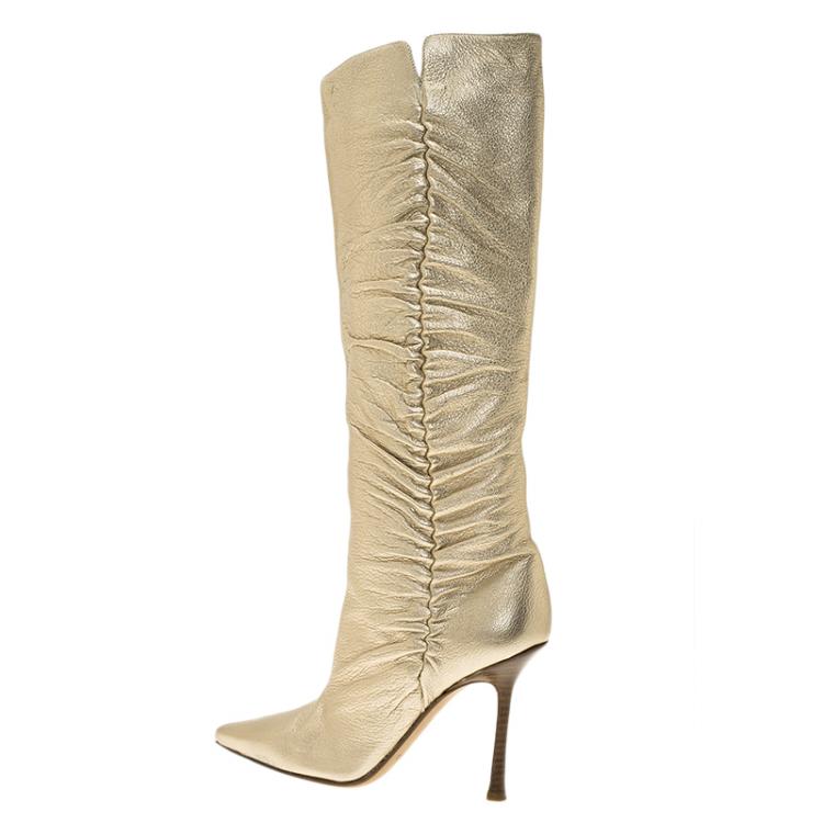 مملوكة مسبقًا Jimmy Choo Metallic Gold Leather Scrunch Knee Boots Size 36