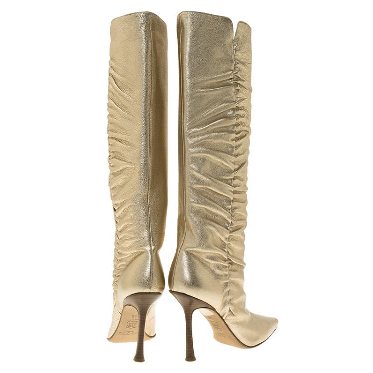 مملوكة مسبقًا Jimmy Choo Metallic Gold Leather Scrunch Knee Boots Size 36