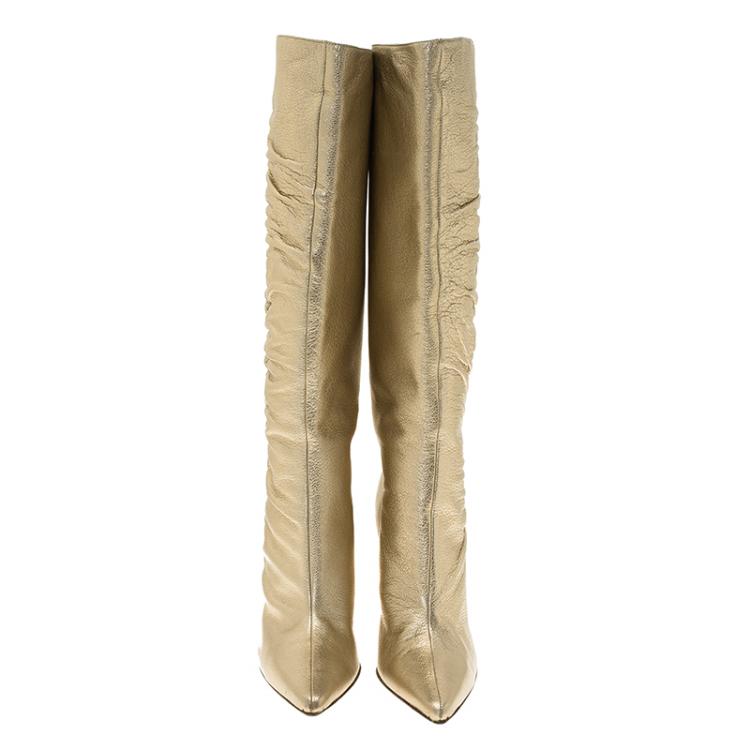مملوكة مسبقًا Jimmy Choo Metallic Gold Leather Scrunch Knee Boots Size 36