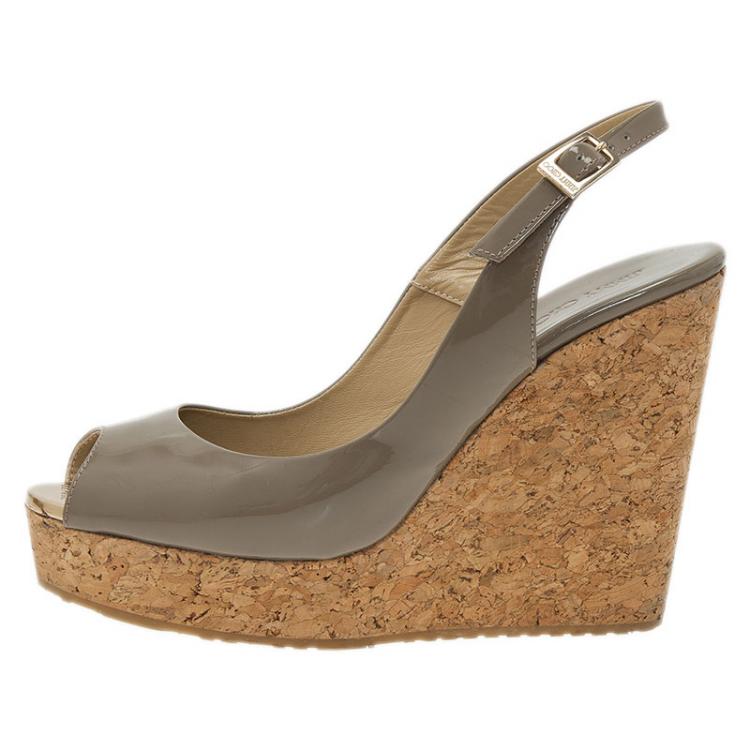 Jimmy Choo Grey Patent Prova Slingback Cork Wedge Sandals Size 38