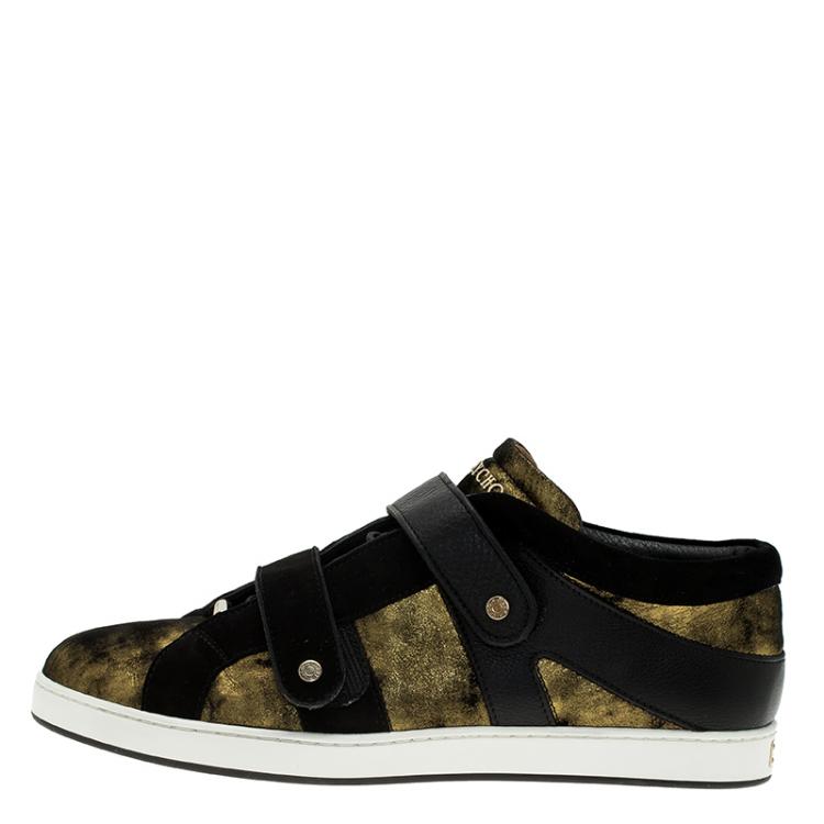 Pre Owned Jimmy Choo Gold Metallic Leather and Black Suede Yuko Sneakers Size 39.5