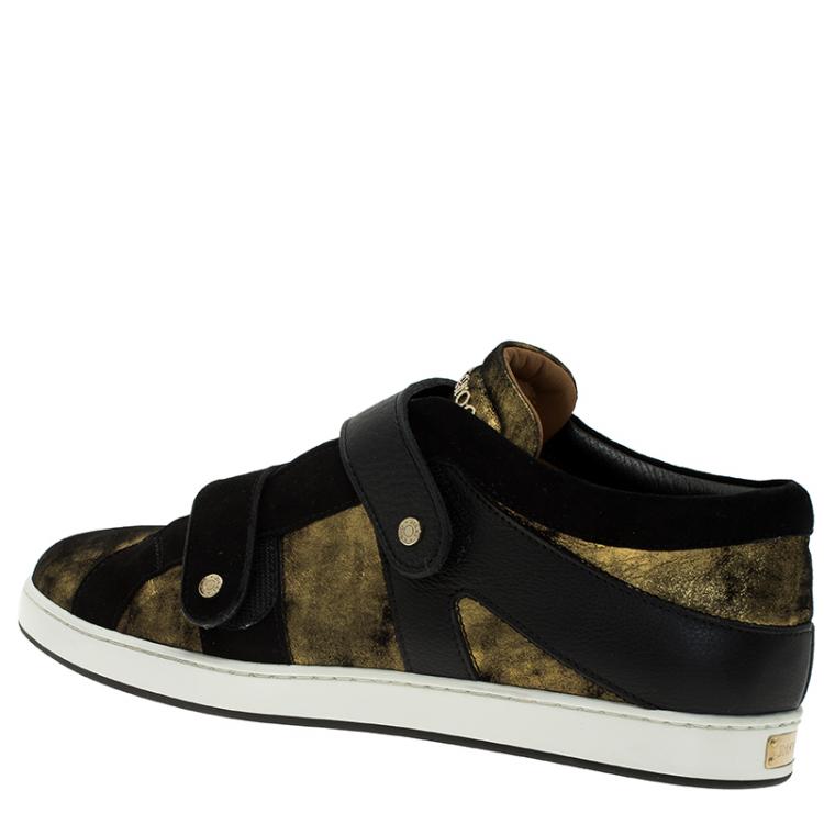 Pre Owned Jimmy Choo Gold Metallic Leather and Black Suede Yuko Sneakers Size 39.5