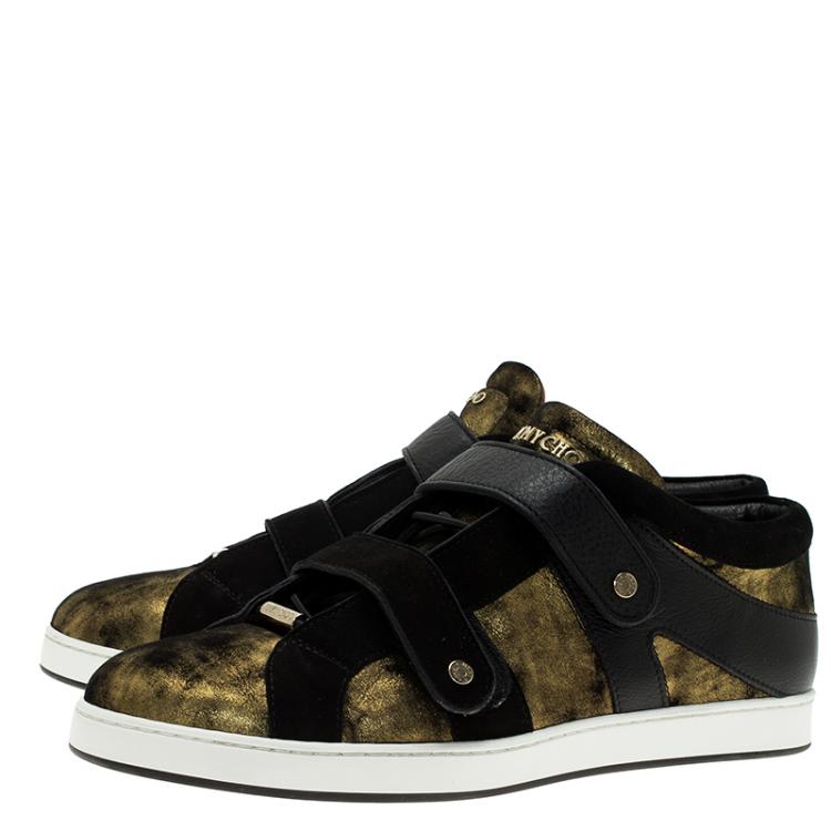 Pre Owned Jimmy Choo Gold Metallic Leather and Black Suede Yuko Sneakers Size 39.5