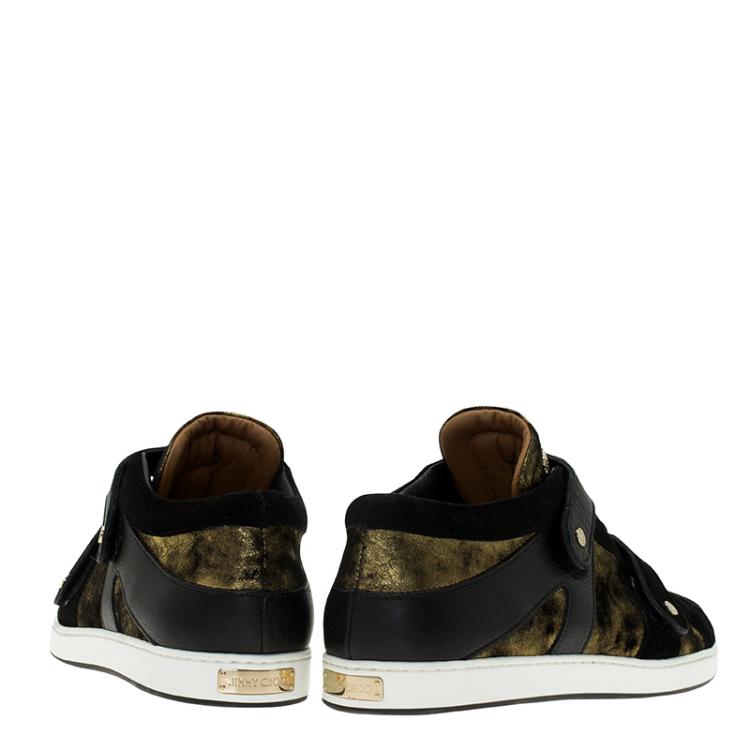 Pre Owned Jimmy Choo Gold Metallic Leather and Black Suede Yuko Sneakers Size 39.5