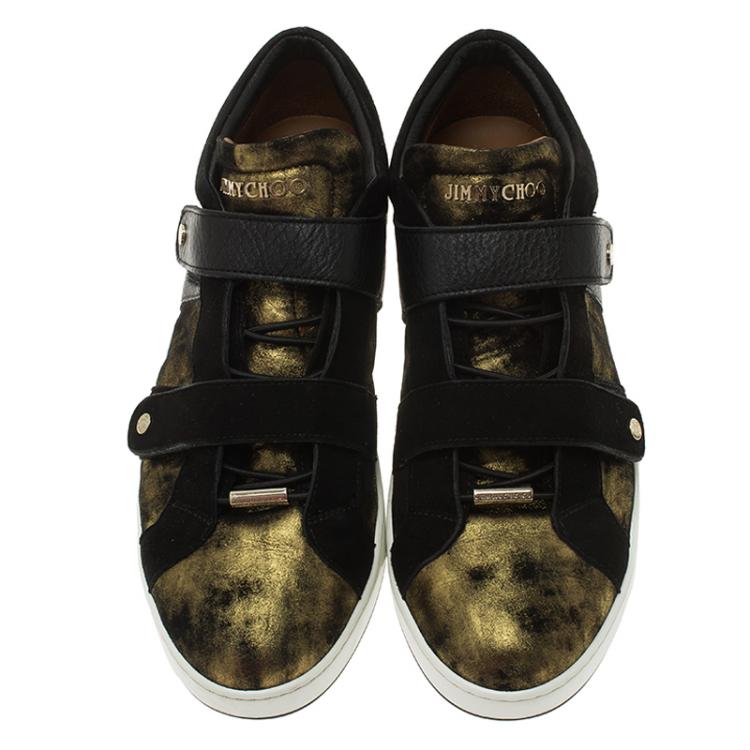 Pre Owned Jimmy Choo Gold Metallic Leather and Black Suede Yuko Sneakers Size 39.5