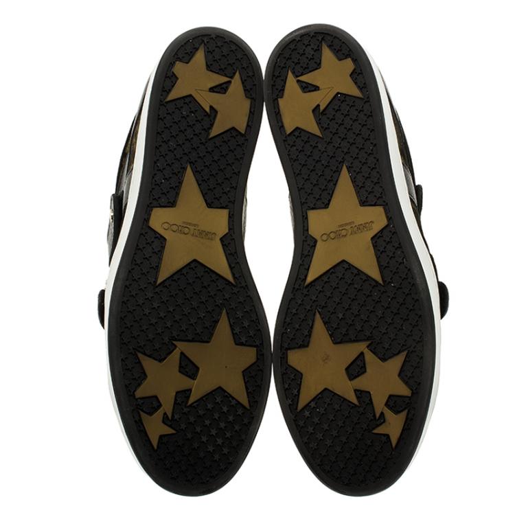 Pre Owned Jimmy Choo Gold Metallic Leather and Black Suede Yuko Sneakers Size 39.5