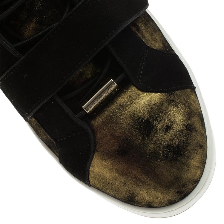 Pre Owned Jimmy Choo Gold Metallic Leather and Black Suede Yuko Sneakers Size 39.5