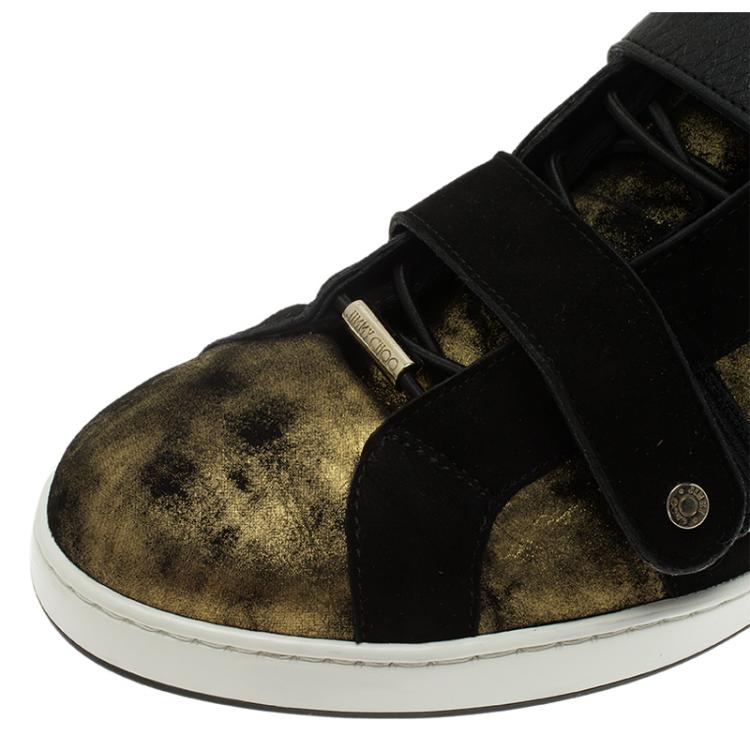 Pre Owned Jimmy Choo Gold Metallic Leather and Black Suede Yuko Sneakers Size 39.5