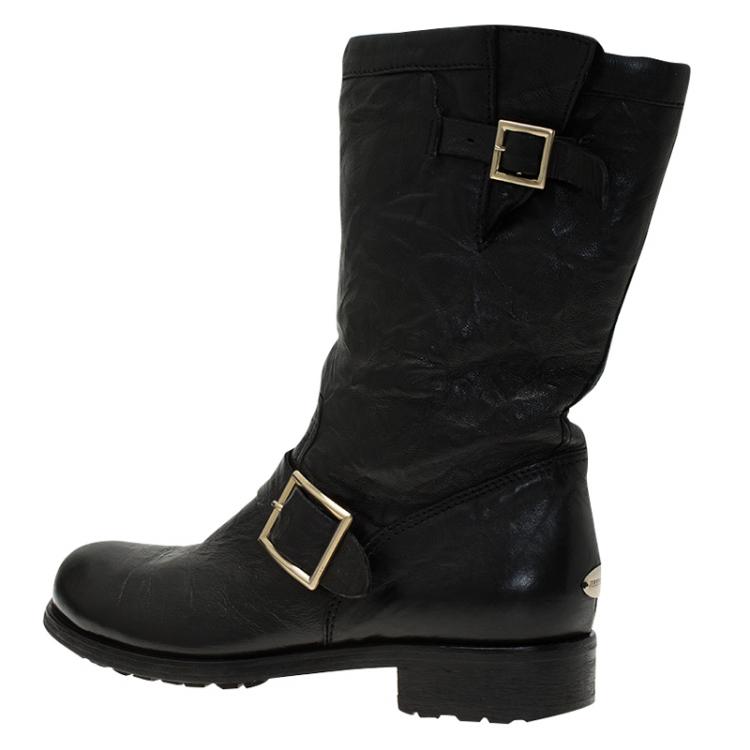 Pre Owned Jimmy Choo Black Leather Youth Biker Boots Size 38.5