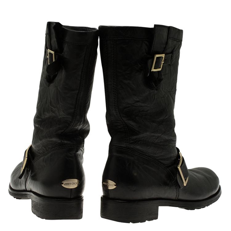 Pre Owned Jimmy Choo Black Leather Youth Biker Boots Size 38.5