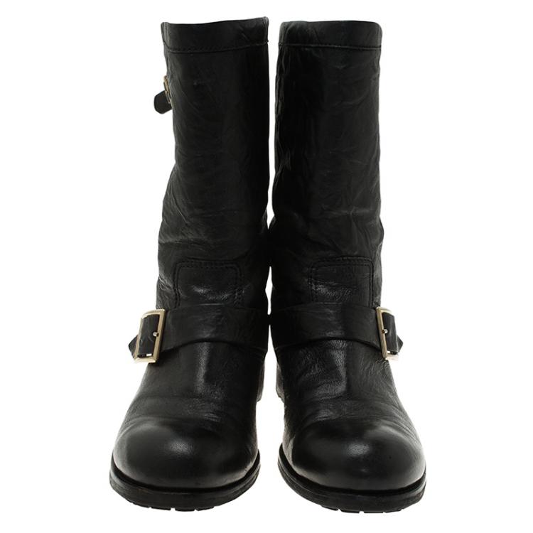 Pre Owned Jimmy Choo Black Leather Youth Biker Boots Size 38.5