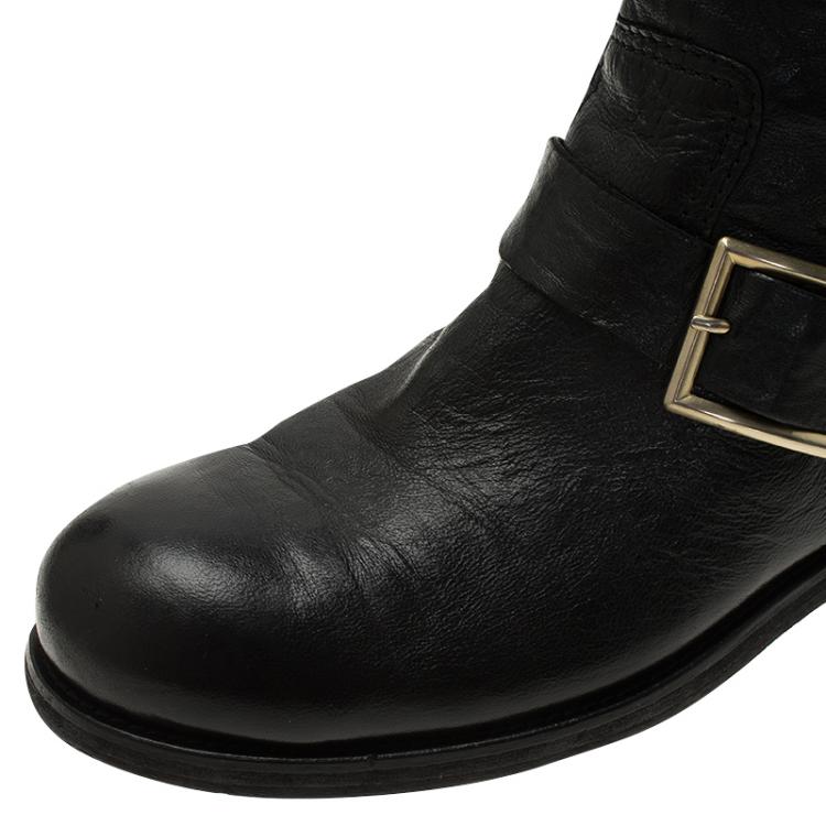 Pre Owned Jimmy Choo Black Leather Youth Biker Boots Size 38.5