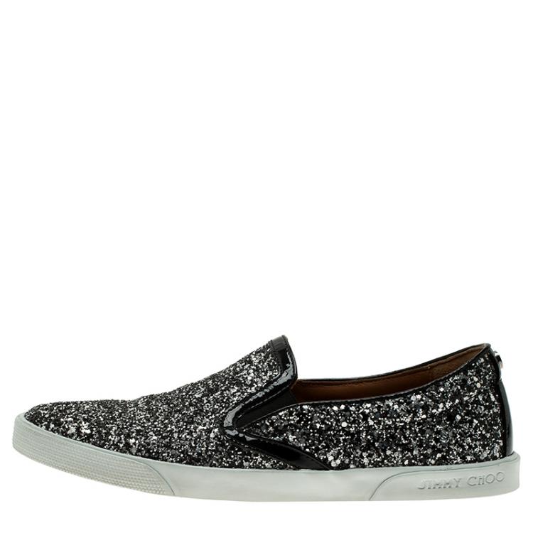 Pre Owned Jimmy Choo Black and Silver Glitter Demi Skate Sneakers Size 37.5