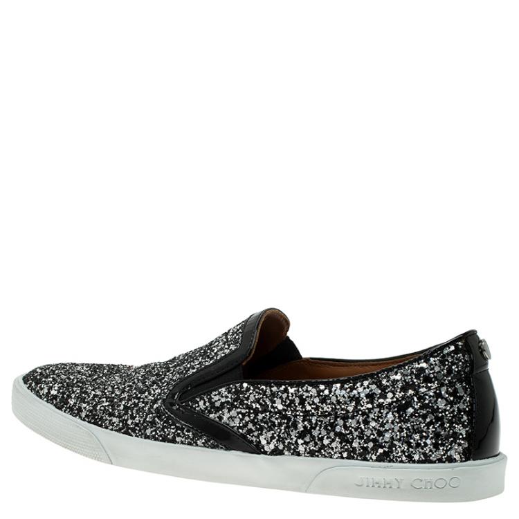 Pre Owned Jimmy Choo Black and Silver Glitter Demi Skate Sneakers Size 37.5
