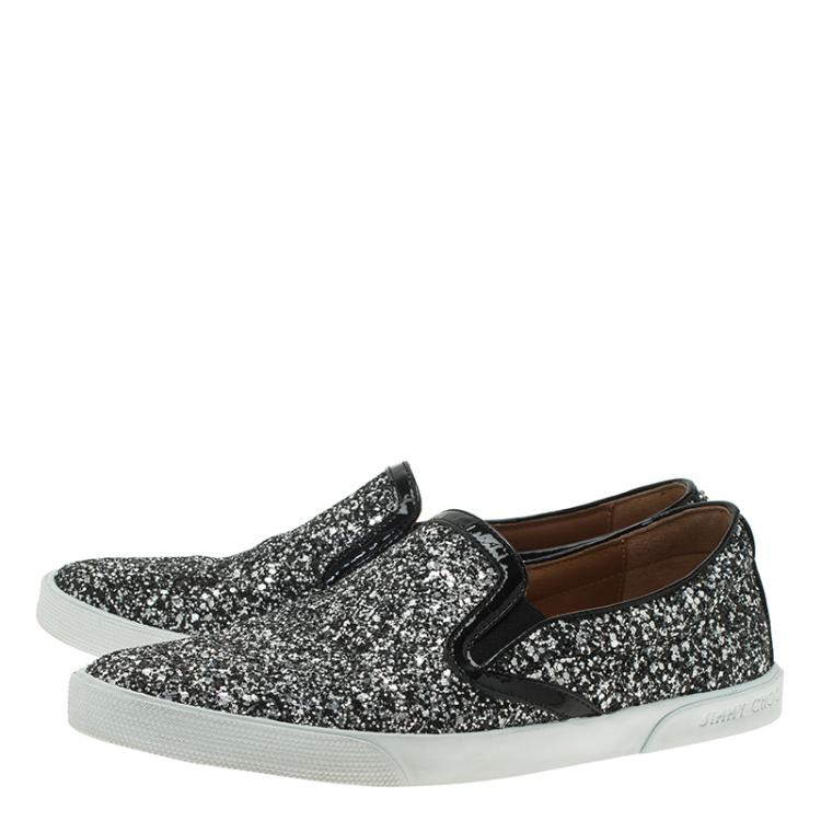 Pre Owned Jimmy Choo Black and Silver Glitter Demi Skate Sneakers Size 37.5