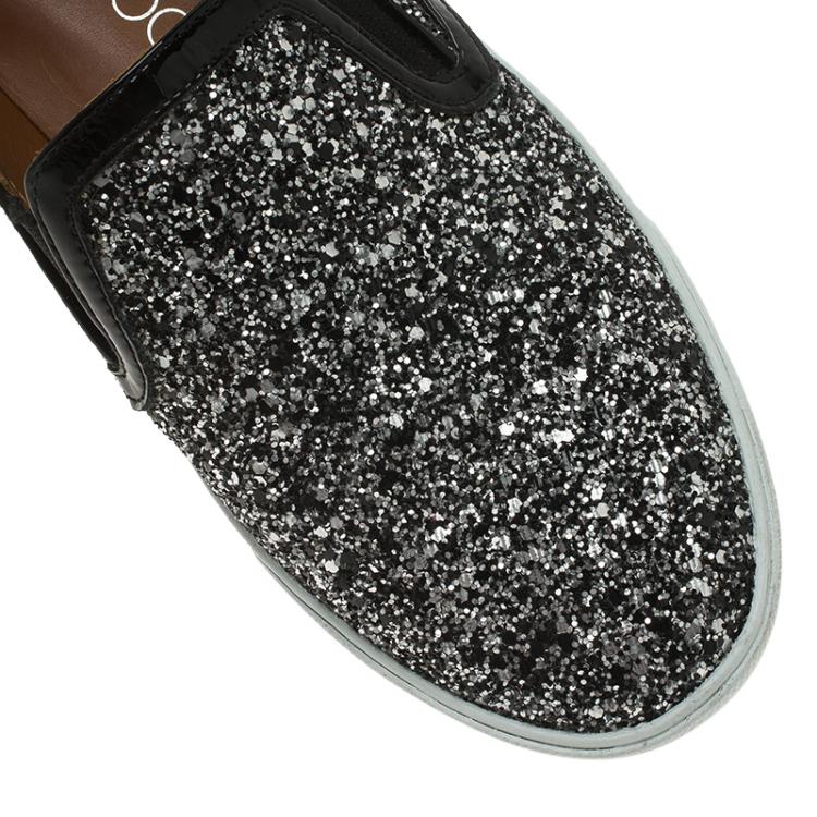 Pre Owned Jimmy Choo Black and Silver Glitter Demi Skate Sneakers Size 37.5