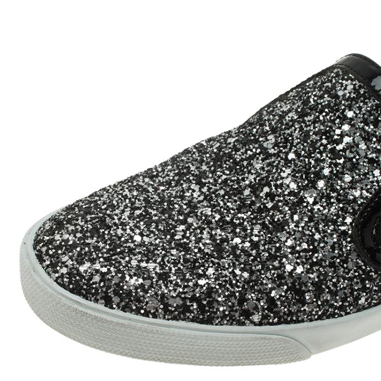 Pre Owned Jimmy Choo Black and Silver Glitter Demi Skate Sneakers Size 37.5