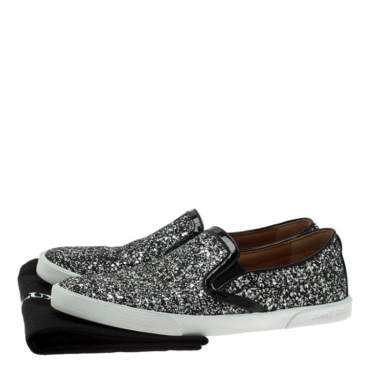 Pre Owned Jimmy Choo Black and Silver Glitter Demi Skate Sneakers Size 37.5