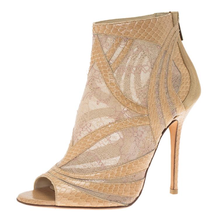 Pre Owned Jimmy Choo Beige Mesh and Python Nexus Ankle Boots Size 38.5