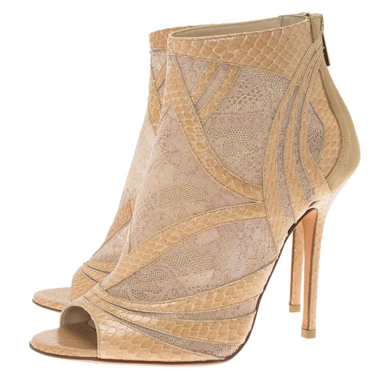 Pre Owned Jimmy Choo Beige Mesh and Python Nexus Ankle Boots Size 38.5