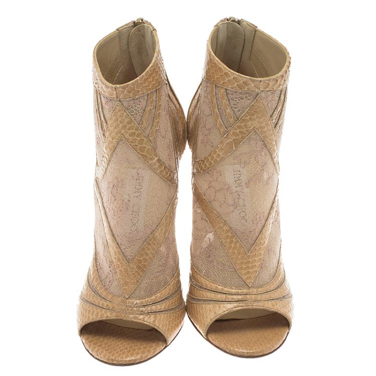 Pre Owned Jimmy Choo Beige Mesh and Python Nexus Ankle Boots Size 38.5