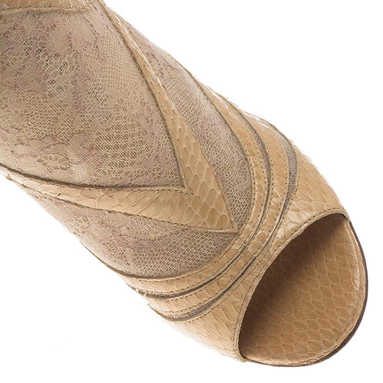 Pre Owned Jimmy Choo Beige Mesh and Python Nexus Ankle Boots Size 38.5