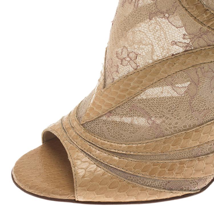 Pre Owned Jimmy Choo Beige Mesh and Python Nexus Ankle Boots Size 38.5