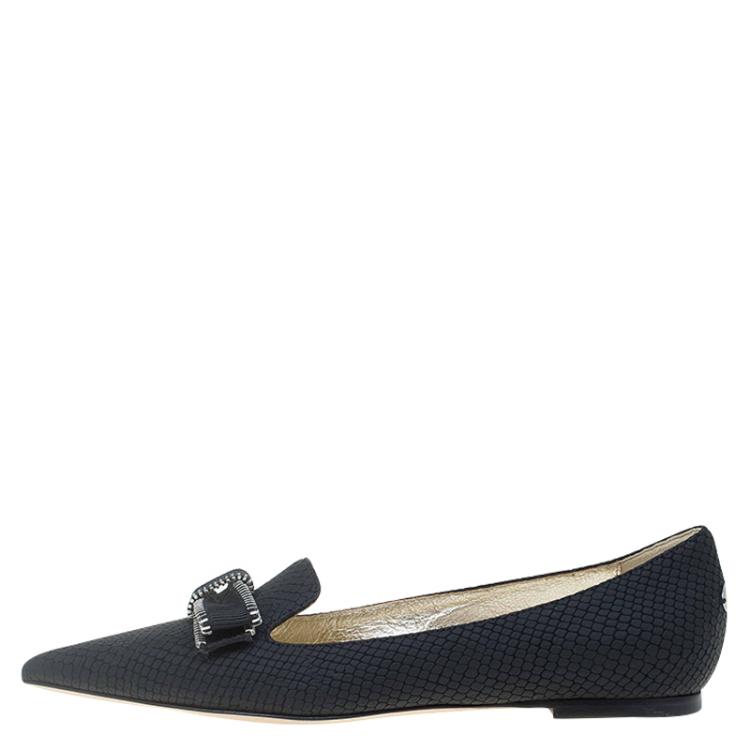 Pre Owned Jimmy Choo Black Snake Embossed Leather Gala Bow Ballet Flats Size 36.5