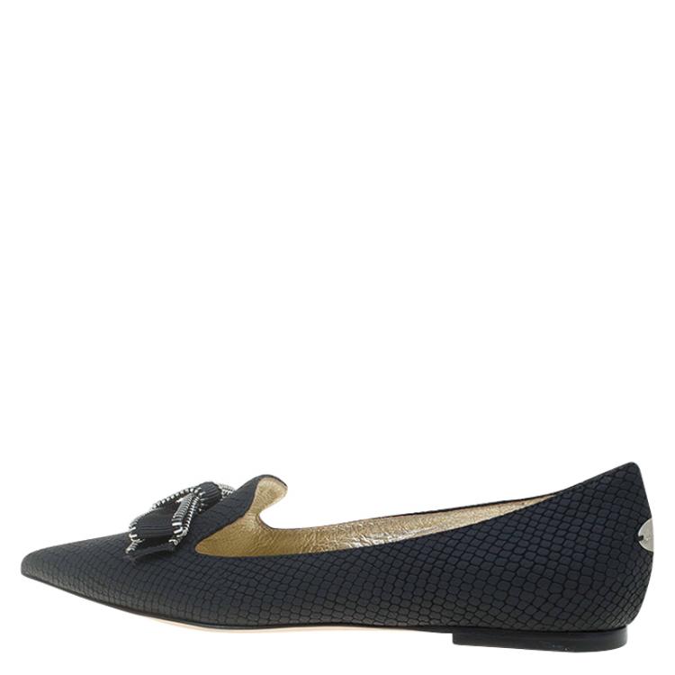Pre Owned Jimmy Choo Black Snake Embossed Leather Gala Bow Ballet Flats Size 36.5