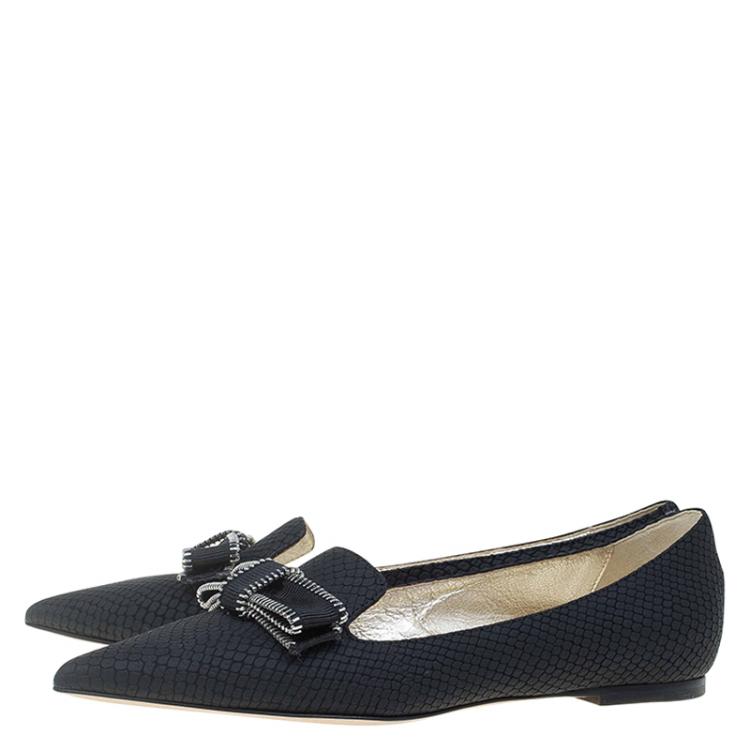 Pre Owned Jimmy Choo Black Snake Embossed Leather Gala Bow Ballet Flats Size 36.5
