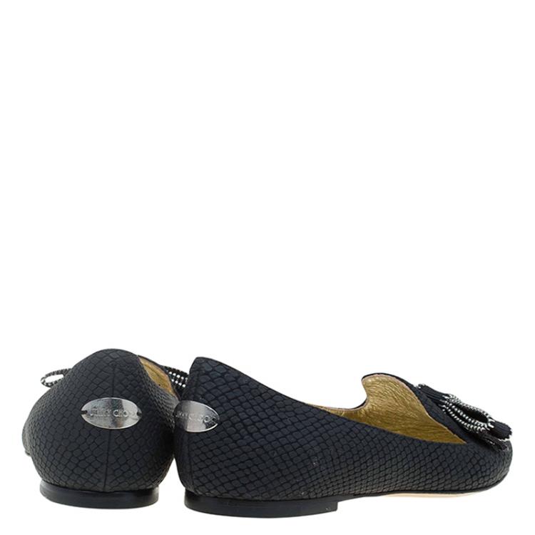 Pre Owned Jimmy Choo Black Snake Embossed Leather Gala Bow Ballet Flats Size 36.5