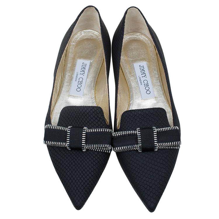 Pre Owned Jimmy Choo Black Snake Embossed Leather Gala Bow Ballet Flats Size 36.5