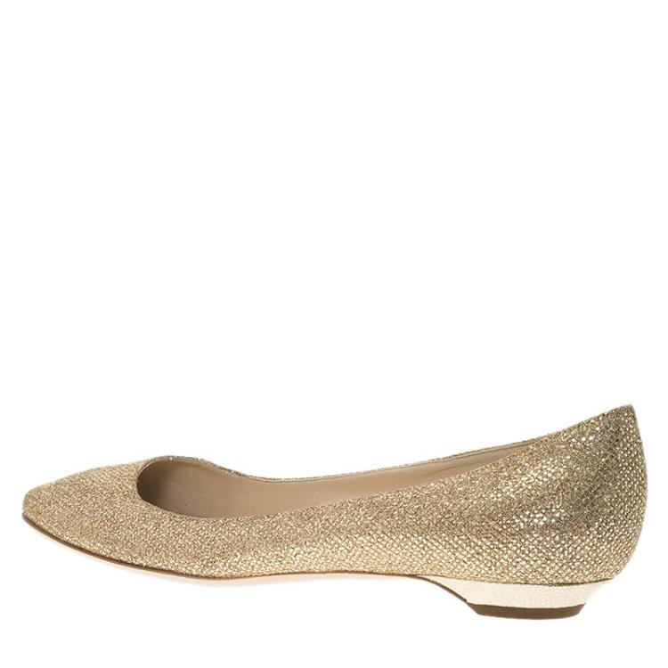 Pre Owned Jimmy Choo Gold Glitter Finlay Ballet Flats Size 39