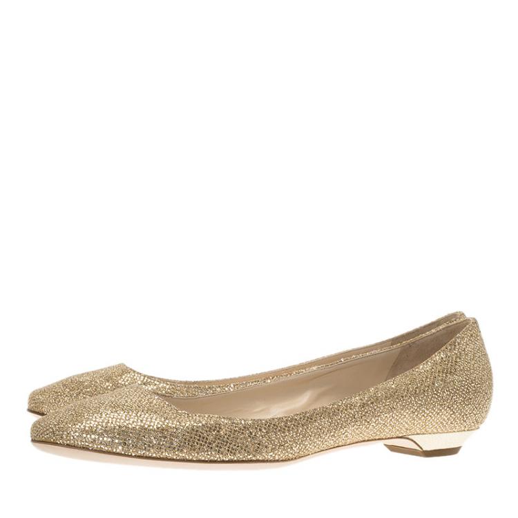 Pre Owned Jimmy Choo Gold Glitter Finlay Ballet Flats Size 39