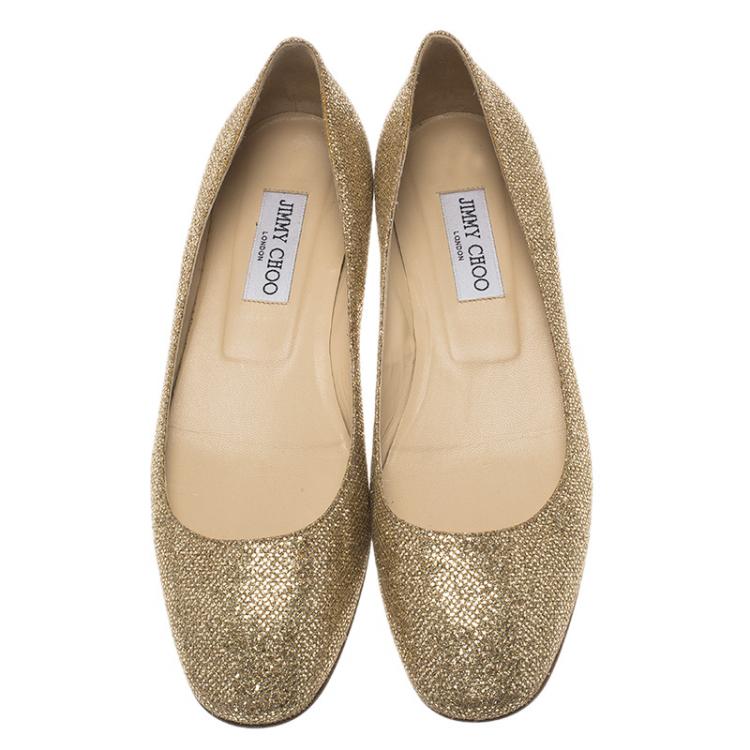 Pre Owned Jimmy Choo Gold Glitter Finlay Ballet Flats Size 39