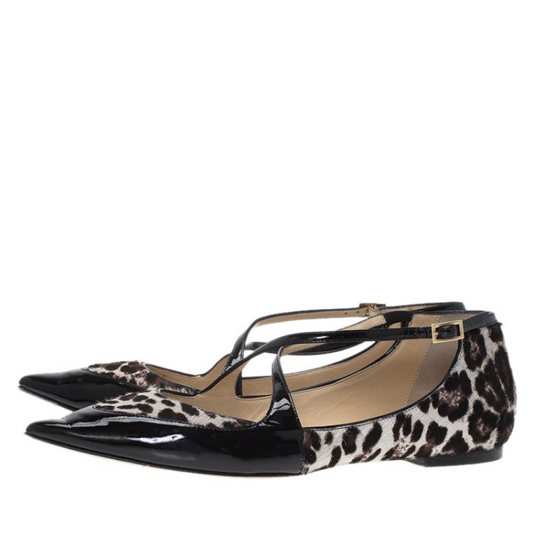Pre Owned Jimmy Choo Black Leather and Leopard Calf Hair Gamble Crisscross Ballet Flats Size 37.5