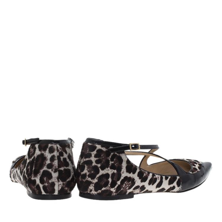 Pre Owned Jimmy Choo Black Leather and Leopard Calf Hair Gamble Crisscross Ballet Flats Size 37.5