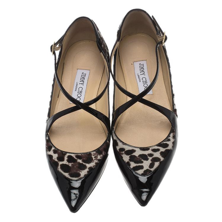 Pre Owned Jimmy Choo Black Leather and Leopard Calf Hair Gamble Crisscross Ballet Flats Size 37.5