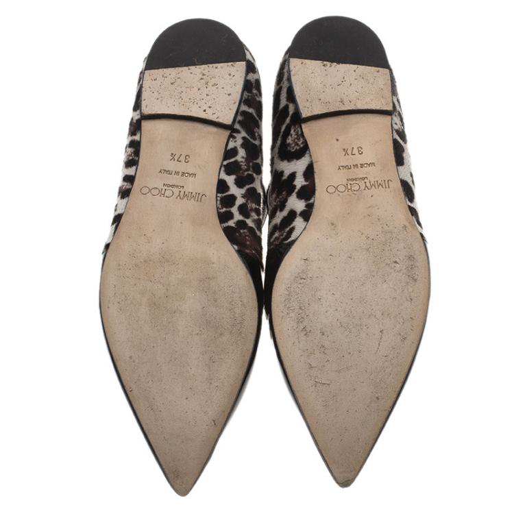 Pre Owned Jimmy Choo Black Leather and Leopard Calf Hair Gamble Crisscross Ballet Flats Size 37.5