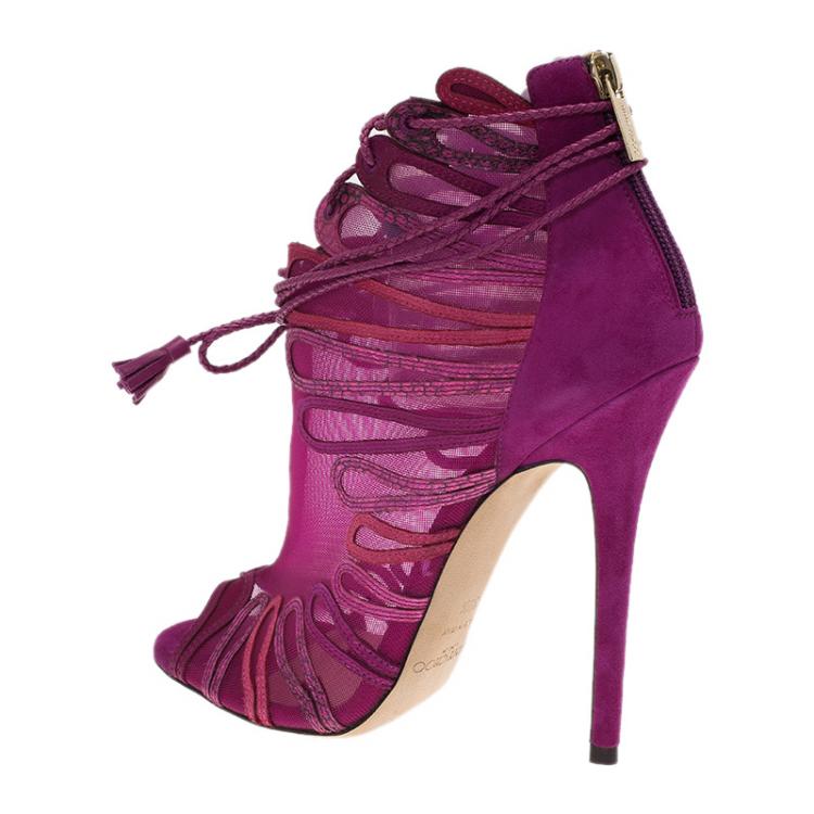 Pre Owned Jimmy Choo Magenta Kafira Mesh and Suede Lace-Up Ankle Boots Size 39.5
