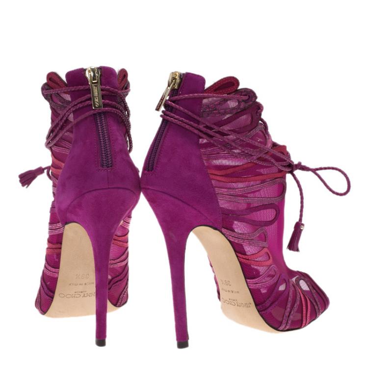 Pre Owned Jimmy Choo Magenta Kafira Mesh and Suede Lace-Up Ankle Boots Size 39.5