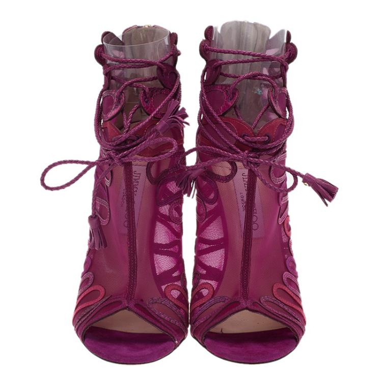 Pre Owned Jimmy Choo Magenta Kafira Mesh and Suede Lace-Up Ankle Boots Size 39.5