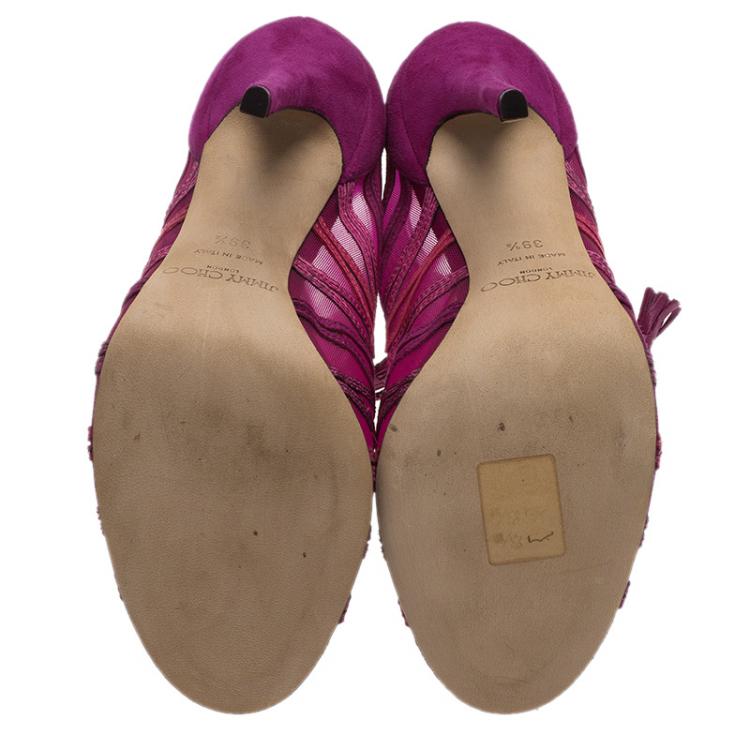 Pre Owned Jimmy Choo Magenta Kafira Mesh and Suede Lace-Up Ankle Boots Size 39.5