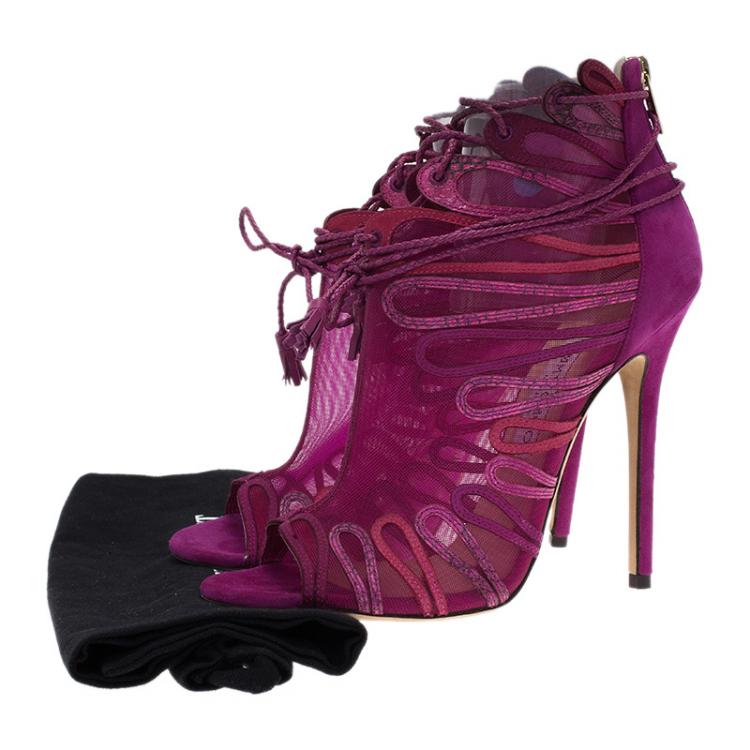 Pre Owned Jimmy Choo Magenta Kafira Mesh and Suede Lace-Up Ankle Boots Size 39.5