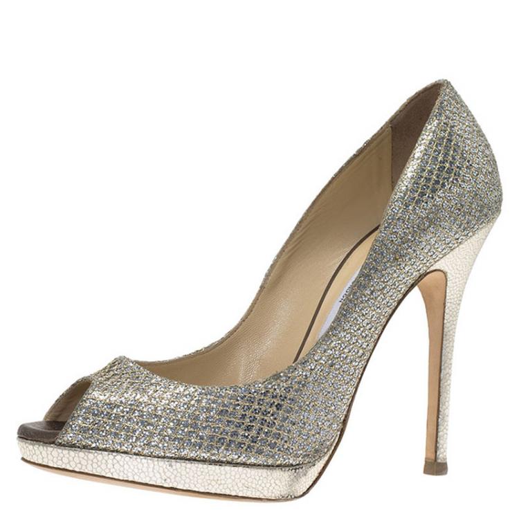 Pre Owned Jimmy Choo Silver Glitter Luna Peep Toe Platform Pumps Size 39.5