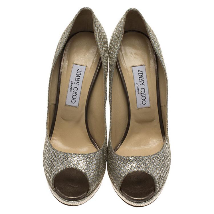 Pre Owned Jimmy Choo Silver Glitter Luna Peep Toe Platform Pumps Size 39.5